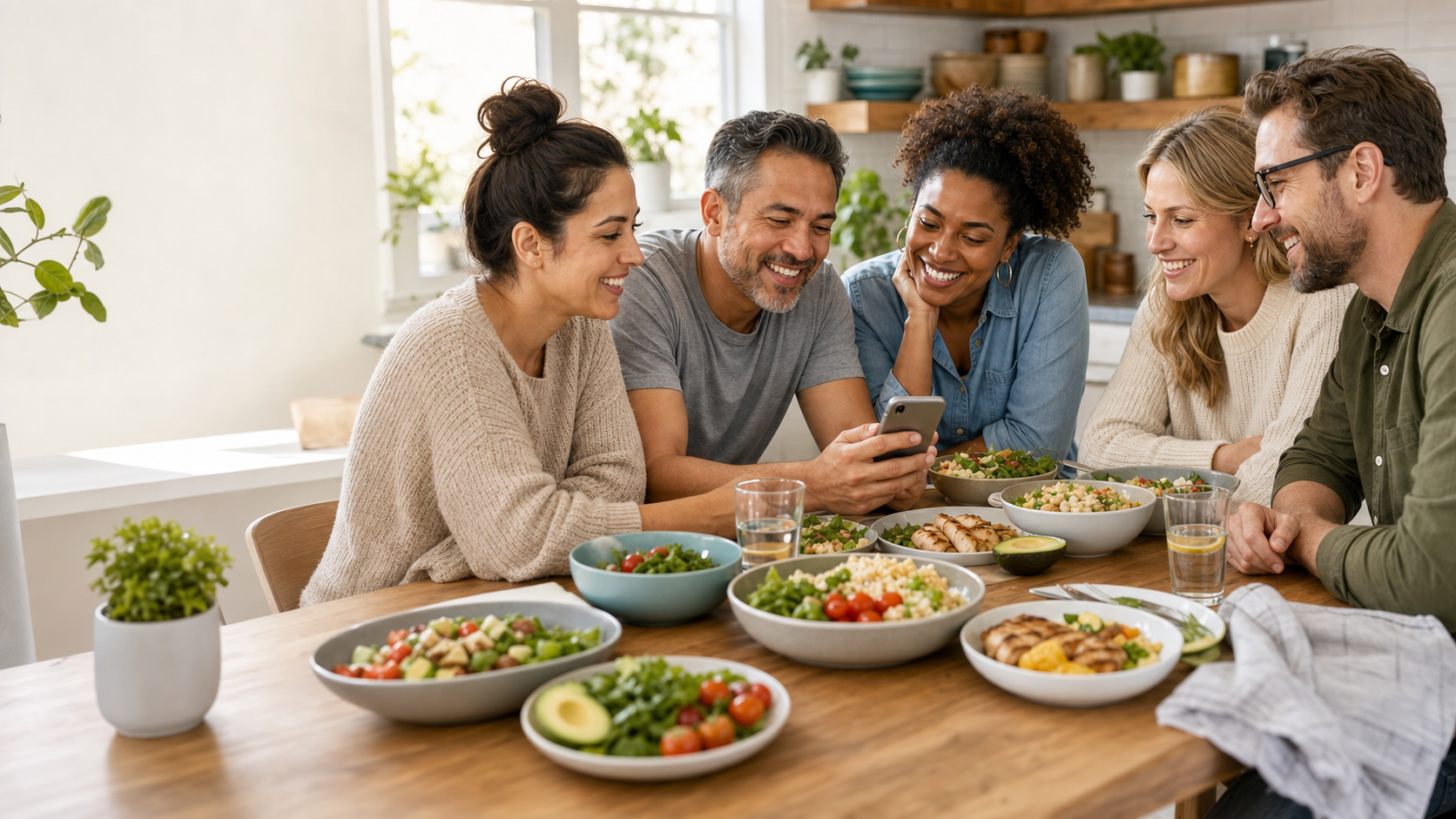 Supportive macro-counting community sharing a meal together.