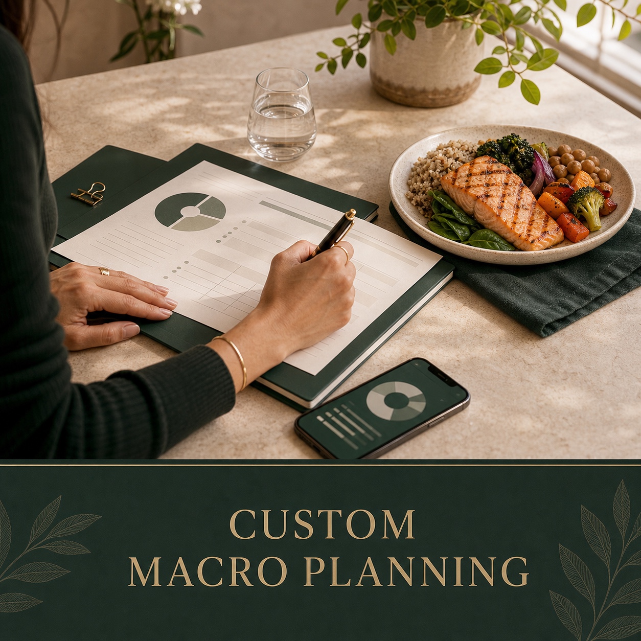 A custom macro plan beside a beautifully prepared balanced meal.