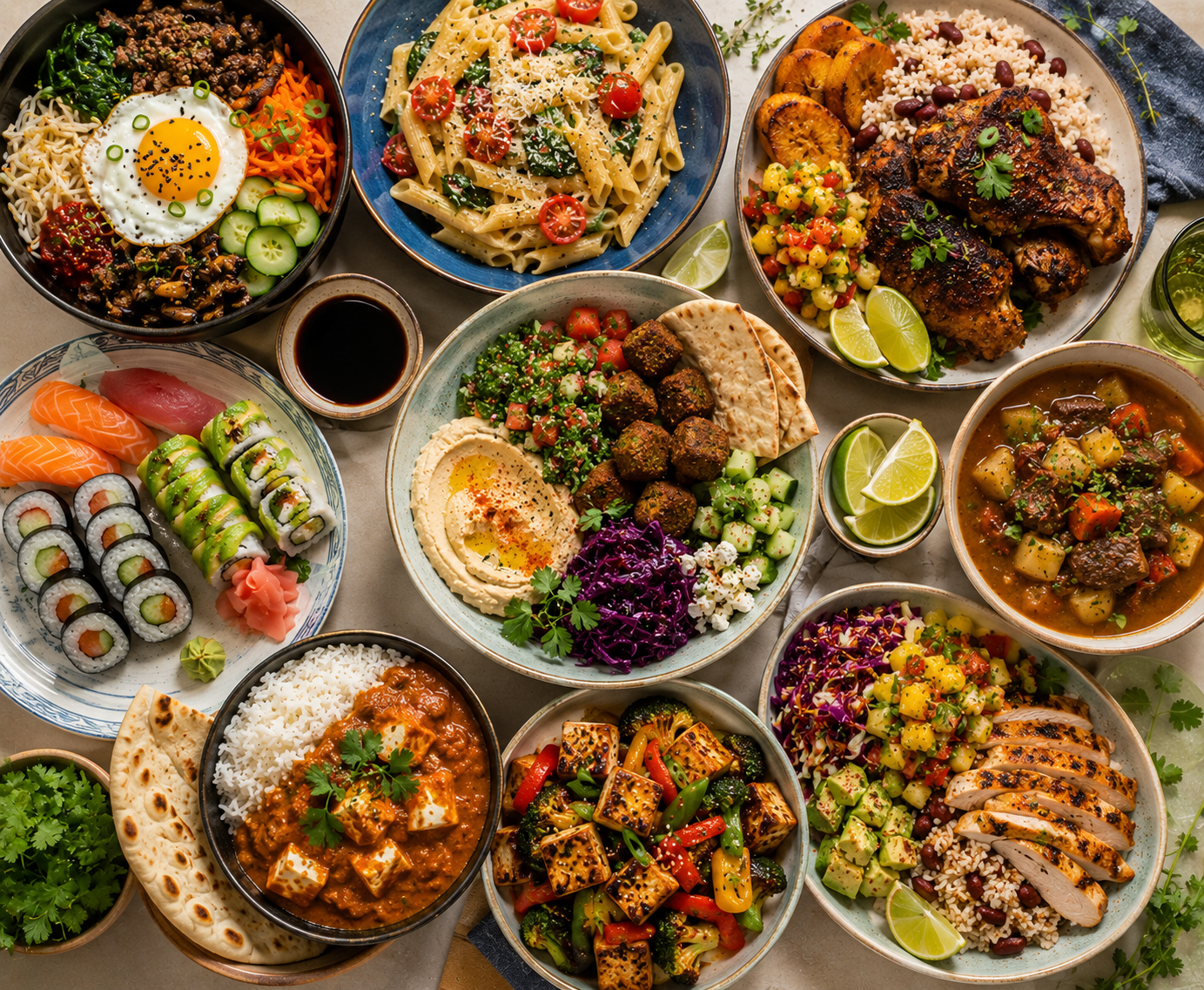 A colorful table of balanced meals for customized meal planning.