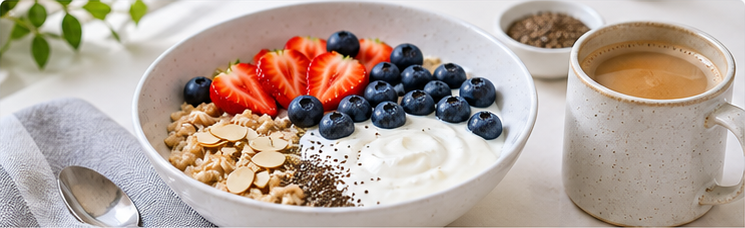 Breakfast bowl with berries, oats, and coffee.