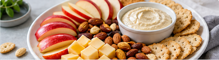 Snack plate with apples, cheese, nuts, and dip.